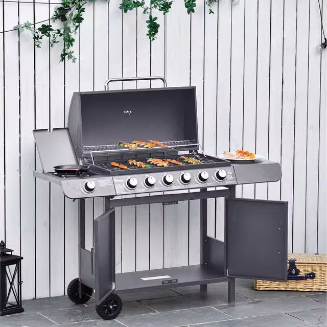 Outsunny Gas BBQ Grill with Wheels and Side Burner in Grey