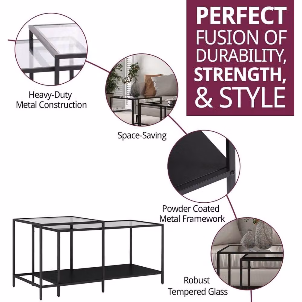 FORGEVIO Modern Nesting Coffee Table with Black Matt Metal Frame and Glass Tops – 3