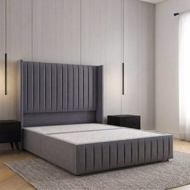 REGIONAL FURNISHINGS Luxury Velvet Upholstered Divan Bed with 54 inch Headboard and Footboard in Grey, Super King, W/D/H: 200 x 137.16 x 3 cm