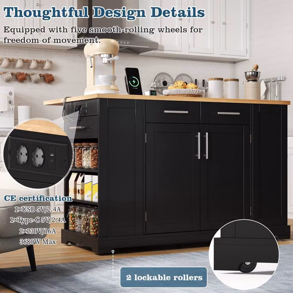 Merax Mobile Kitchen Island Trolley with Pull-Out Bin Cabinet and Drop-Leaf Top in Black – 3