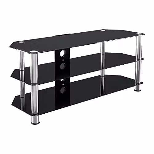 AVF Black and Silver Glossy Glass TV Stand with Metal Frame, Width: 114 cm