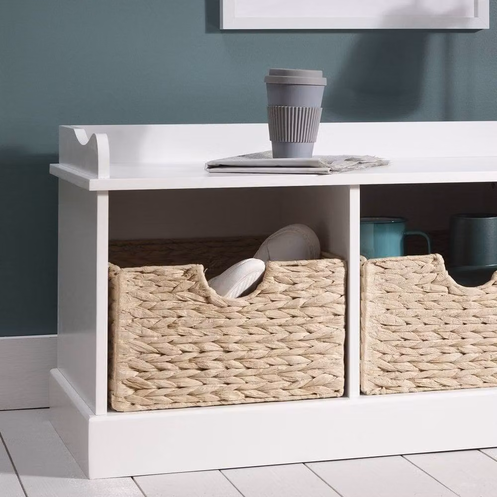 Nöa and Nani Stockholm Scandinavian Style Storage Bench in White with 3 Brown Rattan Baskets – 2