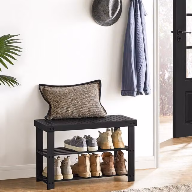 SONGMICS 3-Tier Bamboo Shoe Rack Bench, Black