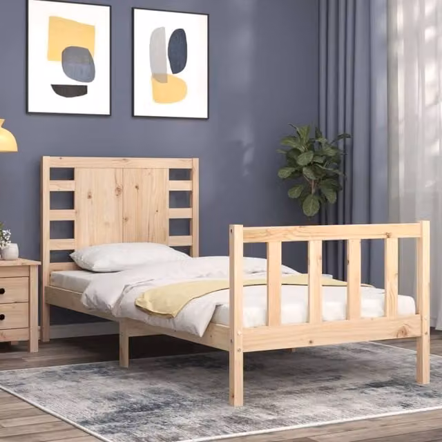 Berkfield Home Beautiful Solid Wood Bed Frame with Headboard in Natural Pine, W/D/H: 90 x 200 x 100 cm