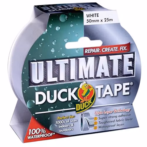 Duck Ultimate High Strength Waterproof Cloth Duct Tape, White, W: 50 mm, L: 25 m – 1