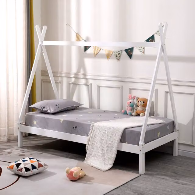 SlumberWorx Harry Kids Single Wooden Teepee Tent Bed Frame in White and Grey with Foam Mattress