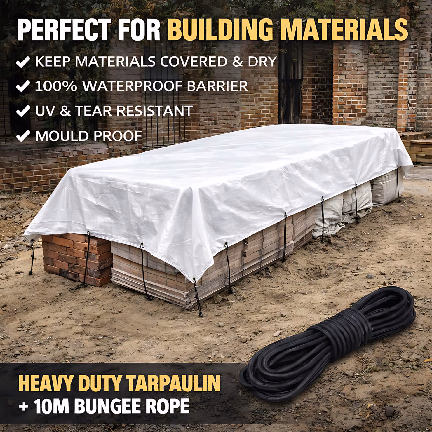 White Waterproof UV Resistant PE Tarpaulin Sheet with Aluminium Eyelets and 10m Bungee, 90 GSM, W: 6 m, D: 4 m – 3