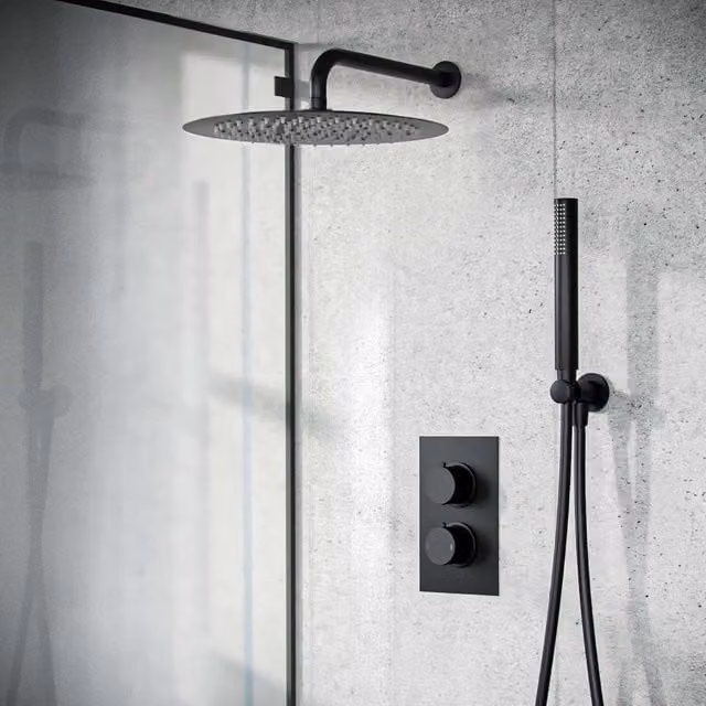 Nes Home Temel Matte Black Round 300mm Shower Set with Handheld Spray and Thermostatic Mixer Valve – 1