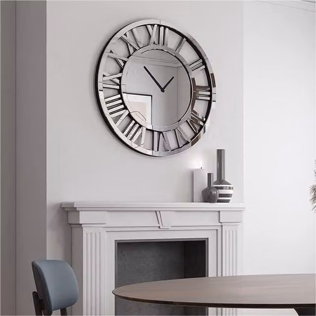 DEENZ Large Round Mirrored Wall Clock with Silent Analog Movement in Silver, Diameter: 80 cm