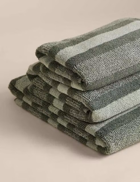 M&S Pure Cotton Marl Striped Towel in Smokey Green