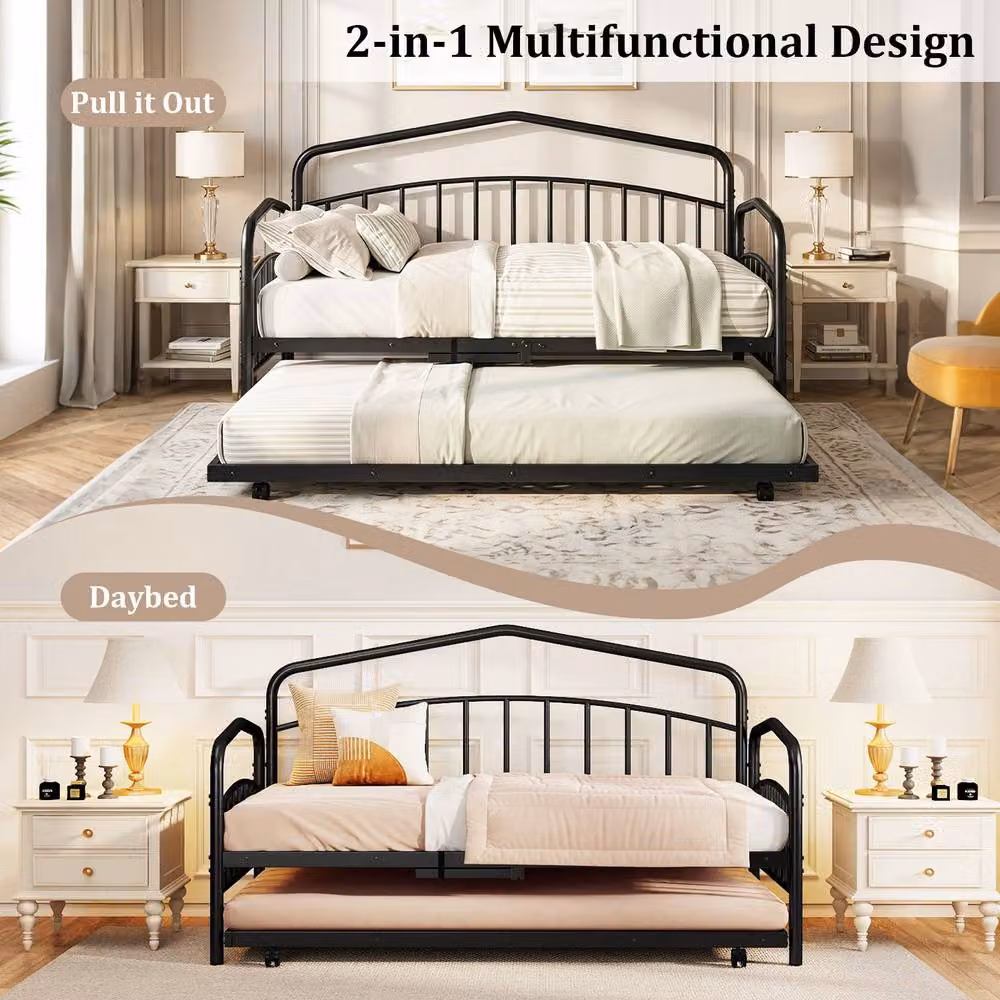 Costway Single Metal Daybed with Rolling Pull Out Trundle in Black, W/D/H: 90 x 200 cm – 7