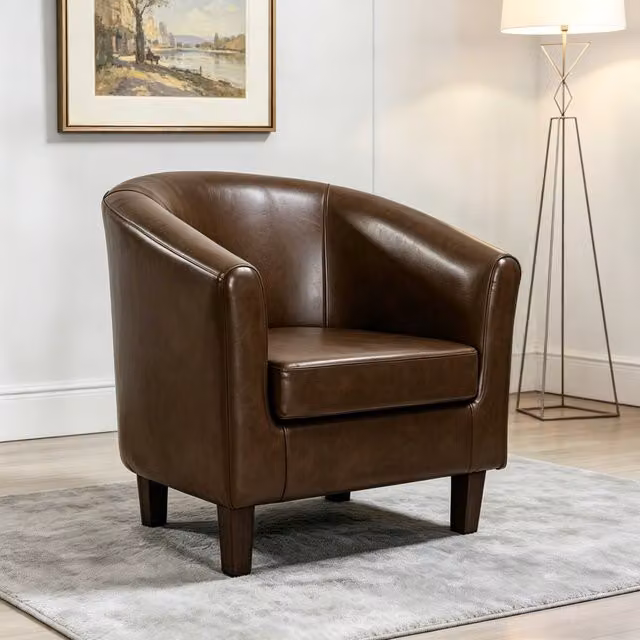 MCC Direct Brown Faux Leather Retro Tub Armchair with Solid Wood Frame – 1