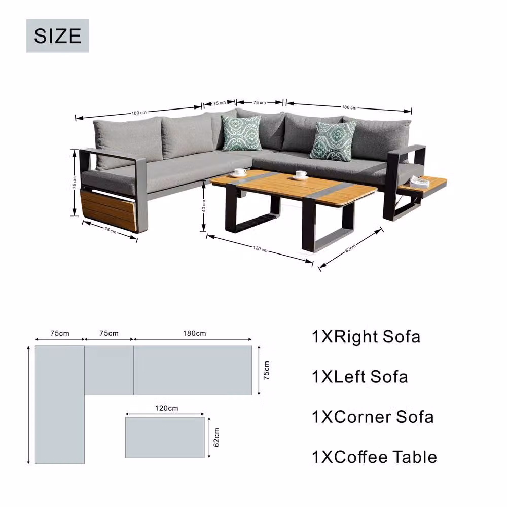 Mimo 4-Piece Modular L-Shape Corner Sofa Set with Outdoor Coffee Table in Grey – 6