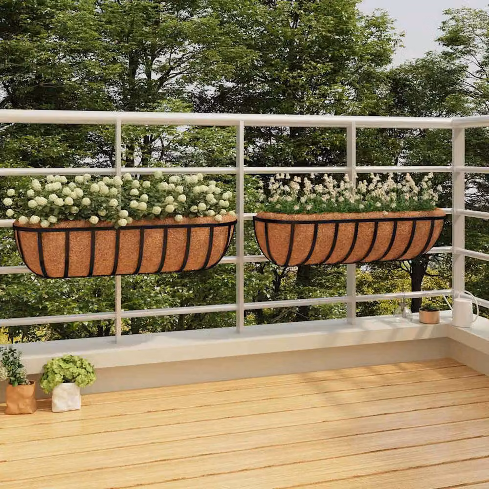 Berkfield Home Steel Wall Trough Planters with Coco Liners, Black, W: 61 cm, D: 19 cm, H: 16 cm, 2 Pack – 2