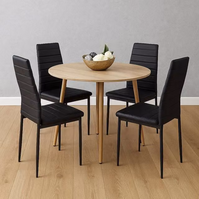 Kosy Koala Modern Round Dining Table and 4 Black Faux Leather Chairs Set in Beige and Brown