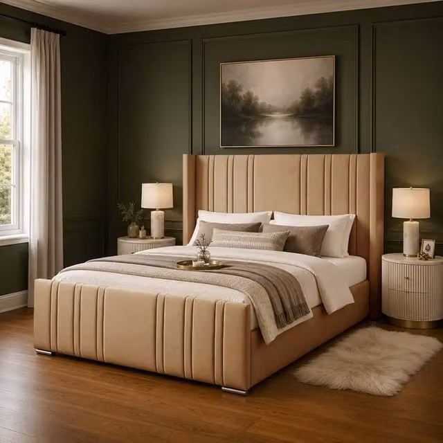 Desire Deco Gerald Luxury Wingback Upholstered Bed Frame in Beige Velvet, Size: King (W/D/H: 180 x 200 x 125 cm) – 1