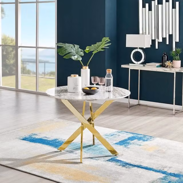 FurnitureboxUK Novara Round 4-Seater Dining Table in Off-White with Gold Metal Legs, Diameter: 100 cm – 1