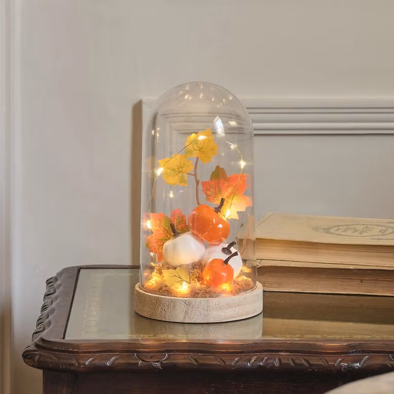 Pumpkin Patch LED Autumn Dome Decoration in Orange with Glass and Wood Tabletop Base