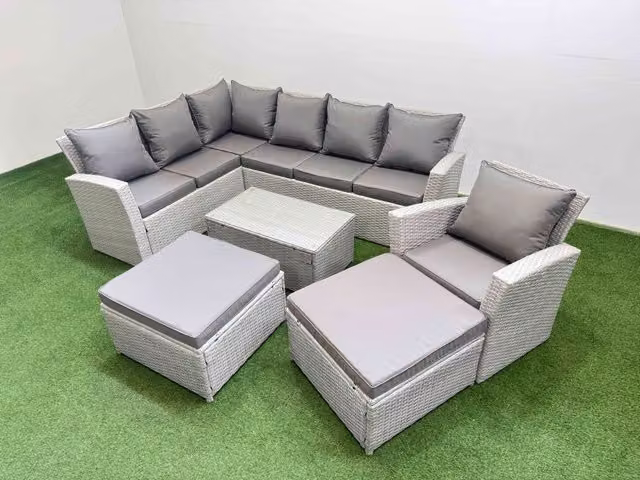 Fimous 9 Seater Grey PE Rattan Garden Furniture Set with Upholstered Cushions and Ottomans