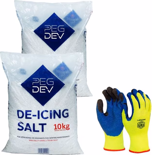 Pegdev Premium White De-Icing Rock Salt 20kg with Thermal Work Gloves Bundle – 1