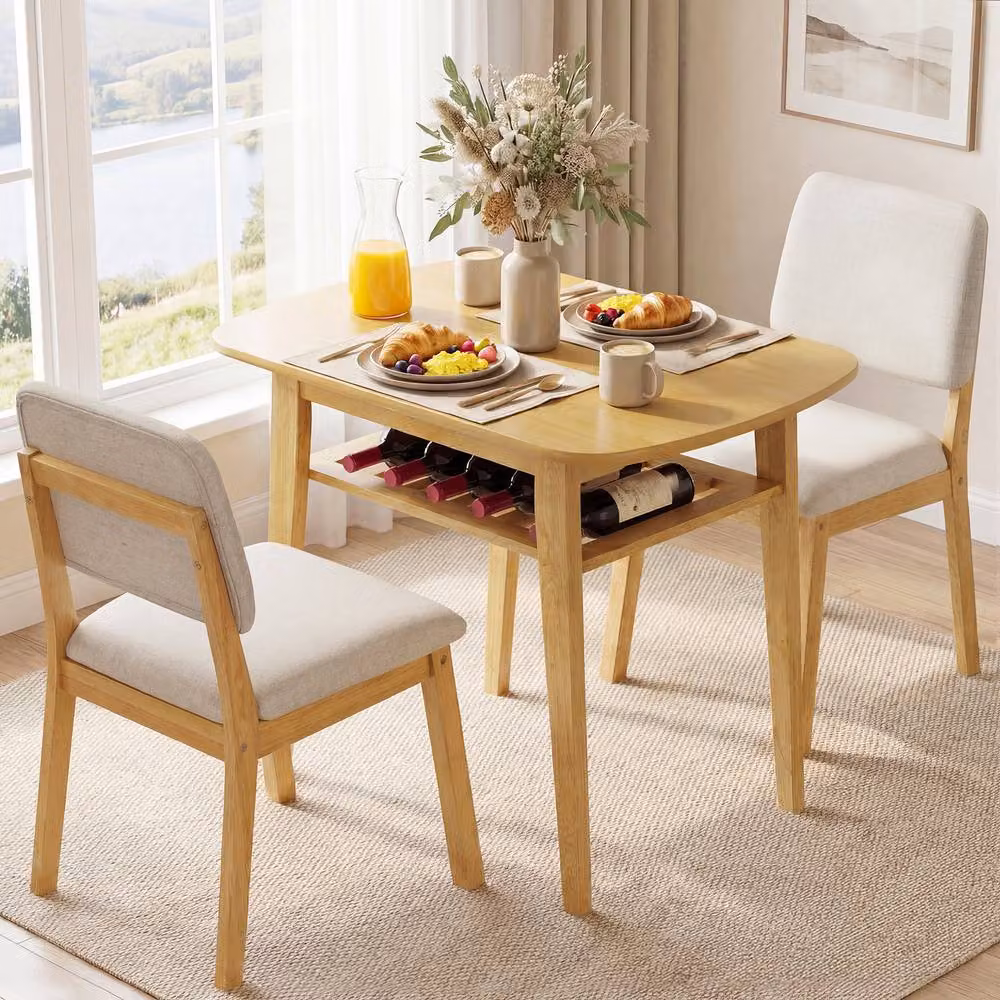 Gymax 3-Piece Solid Rubberwood Dining Table and Chairs Set in Natural Brown and Beige – 2