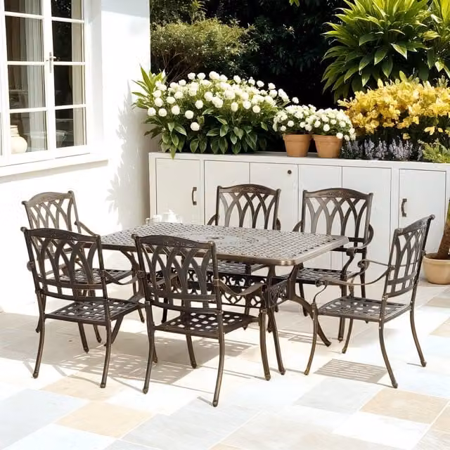 Outsunny 7 Piece Garden Dining Set with Cushions and Parasol Hole in Bronze Tone