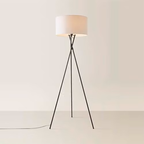 MiniSun Camden Black Metal Tripod Floor Lamp with Grey Fabric Cylinder Shade