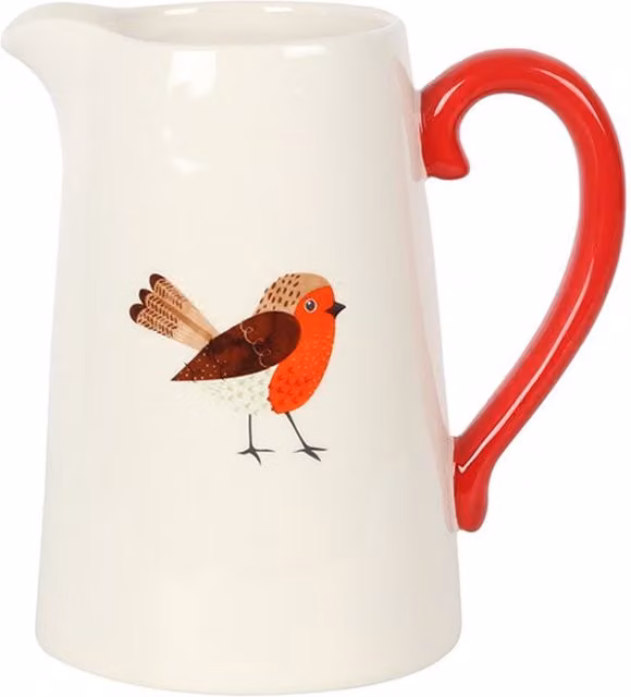 KDMK Winter Robin Ceramic Flower Jug in White and Red, Height: 17 cm