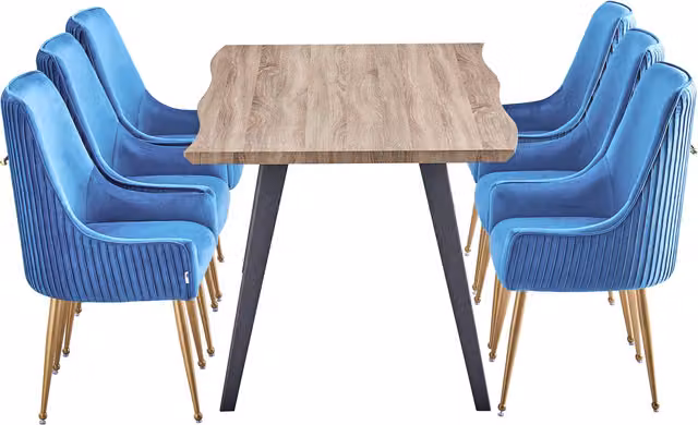Soho Rocco LUX Modern Rectangular Wood Dining Set with 6 Upholstered Chairs in Blue and Gold
