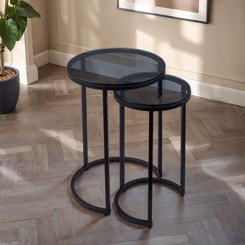 Cheshire Stirling Round Nesting Side Tables in Smoked Glass and Black – 3