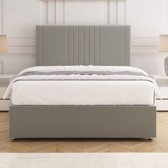 BSSPOKE Monaco Super King Velvet Plush Divan Bed Set with 24 inch Headboard and Mattress in Silver
