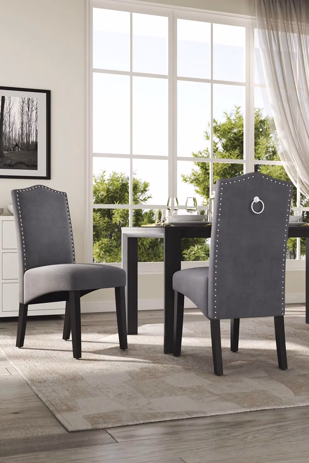 Living and Home Set of 2 Grey Velvet Upholstered High Back Dining and Dressing Chairs with Rivet Detailing – 2