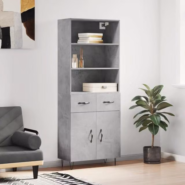 Berkfield Home Highboard in Concrete Grey, W/D/H: 69.5 x 34 x 180 cm