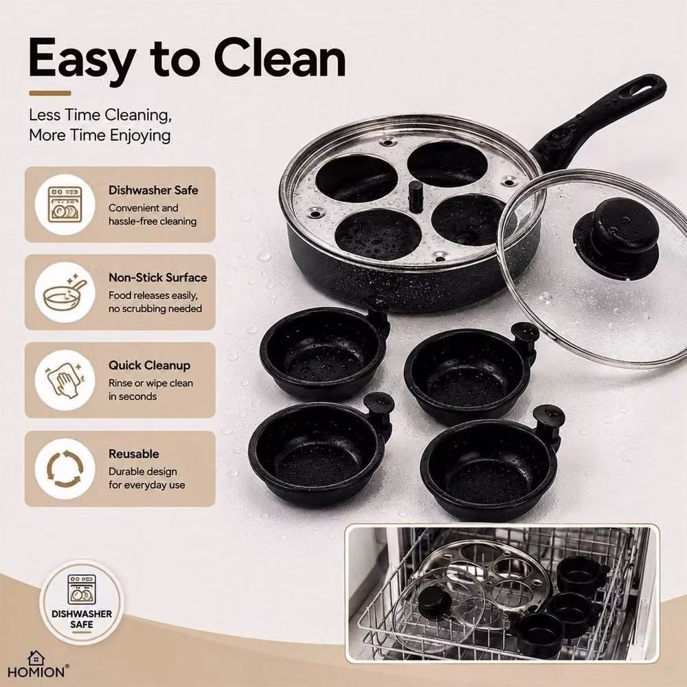 FLAVORA 4 Cup Non Stick Egg Poacher Pan with Glass Lid, Black, W/D/H: 100 x 15 x 15 cm – 4