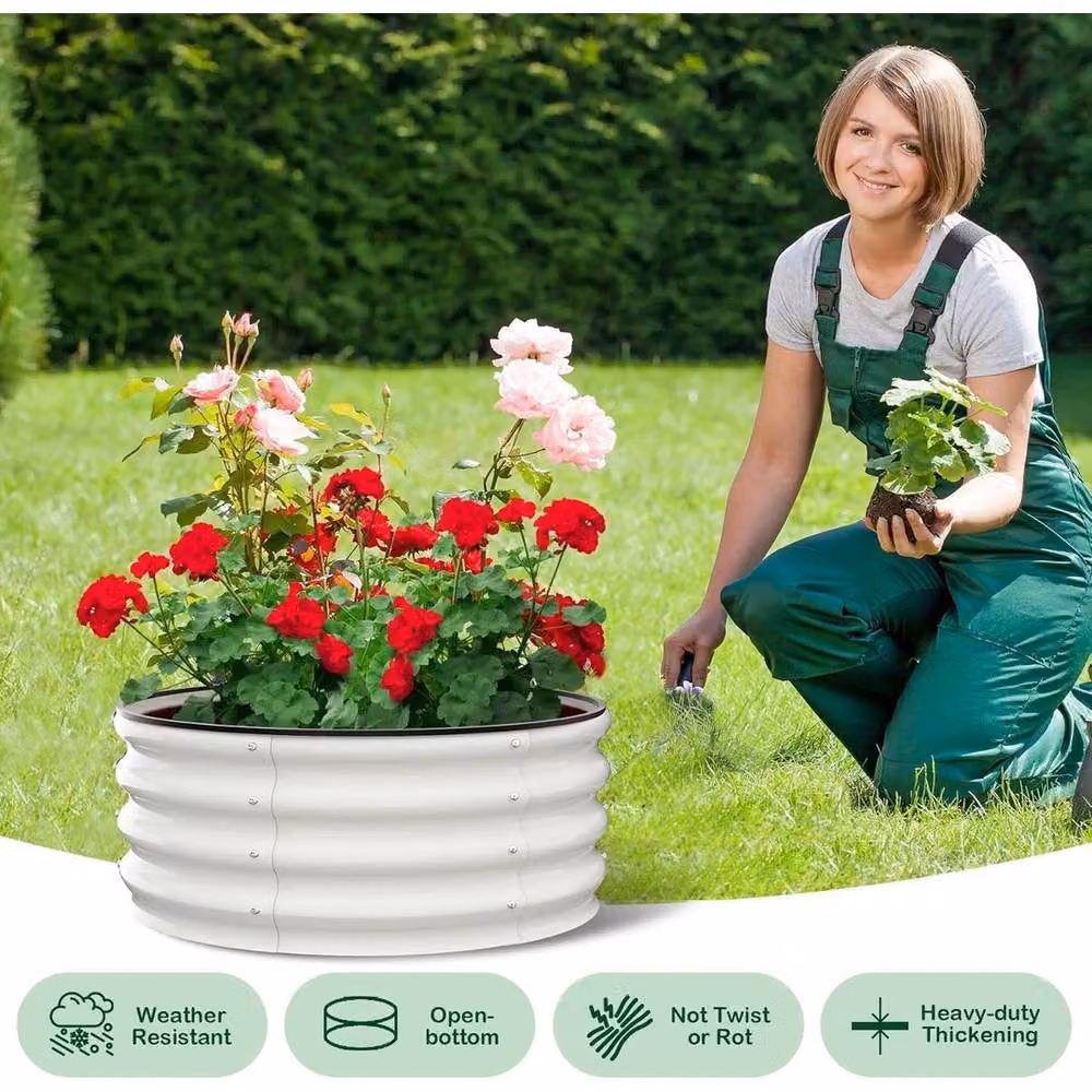 VOGREX 2-Piece Set of White Round Galvanised Steel Raised Garden Beds, W/D/H: 60 x 60 x 30 cm – 4