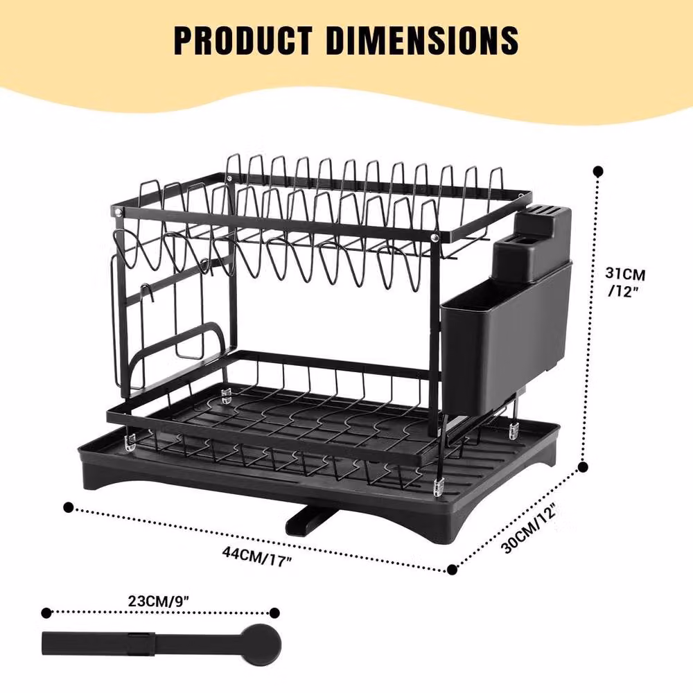 EONLION 2 Tier Black Metal Dish Drainer Rack with Cup and Cutlery Holder, Width: 100 cm – 2