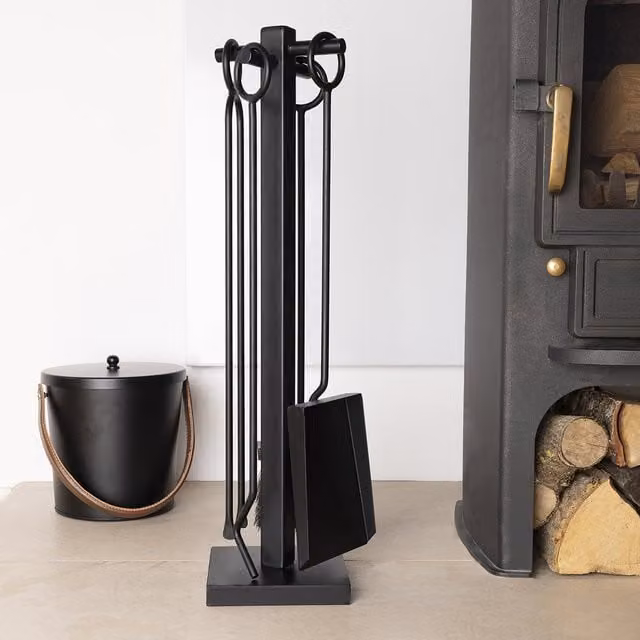 Charles Bentley Palm Fireside Companion Set with Square Base in Black Matte Finish