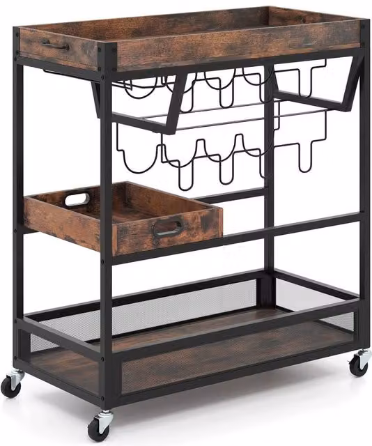 VOGREX Brown 3-Tier Industrial Kitchen Serving Trolley with Glass and Metal Construction – 1