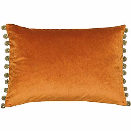 Paoletti Fiesta Rectangular Filled Cushion in Orange and Green with Pompom Edges, Faux Velvet Fabric, W: 50 cm, H: 35 cm