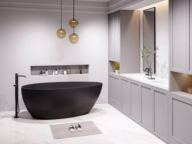 Vente-unique Asymmetrical Freestanding Acrylic Bathtub in Black, W/D/H: 160 x 82 x 58 cm – 1