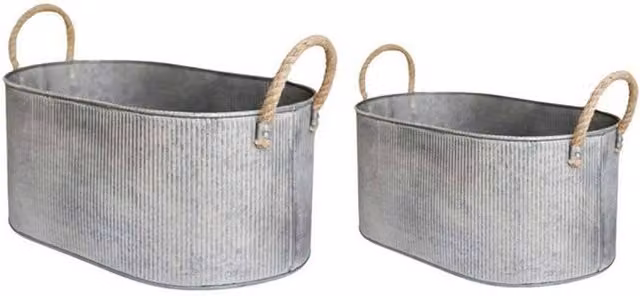 Lemon Pavilion Furniture and Decor Galvanised Steel Outdoor Rope Handle Trough Planter Set of 2 in Grey