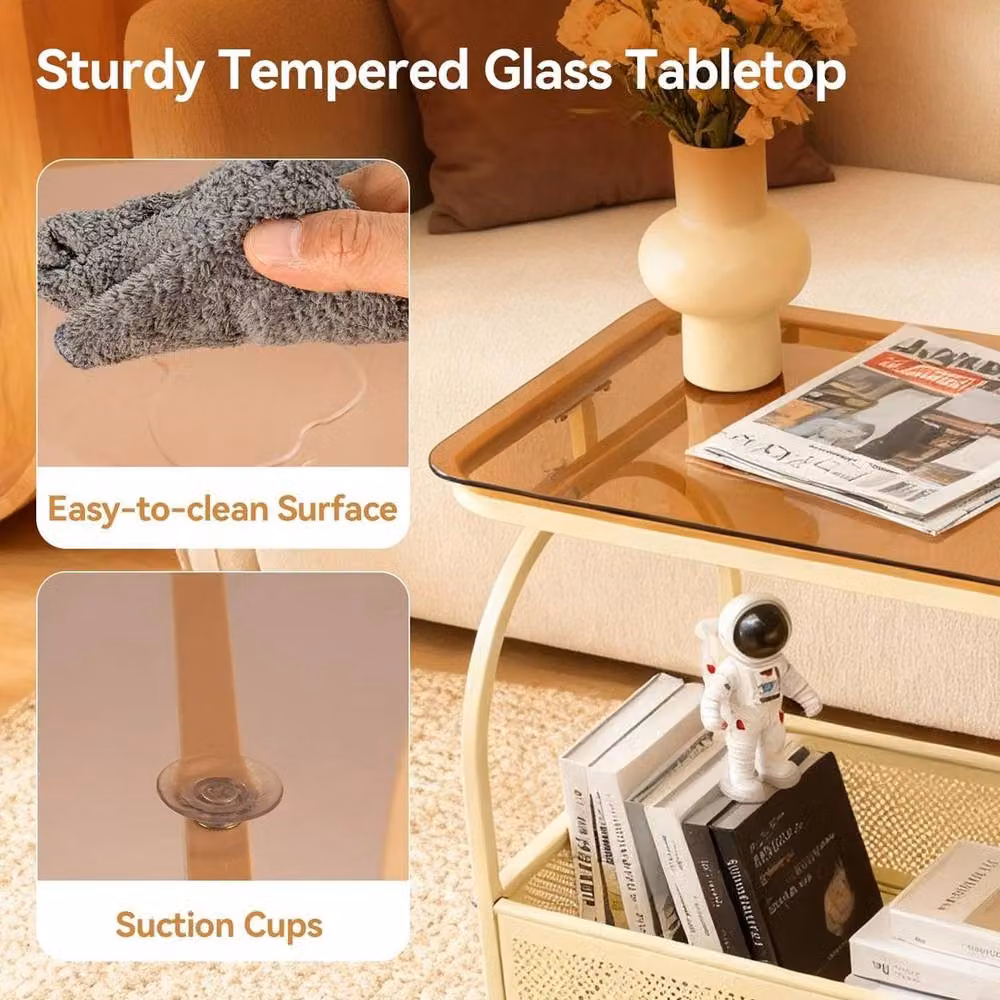 FORGEVIO Movable Side Table with Wheels and Glass Top in Beige – 2