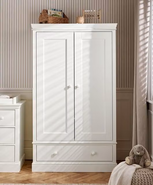 Mamas & Papas Modern White Nursery Wardrobe with Soft-Close Hinged Doors and Internal Shelving