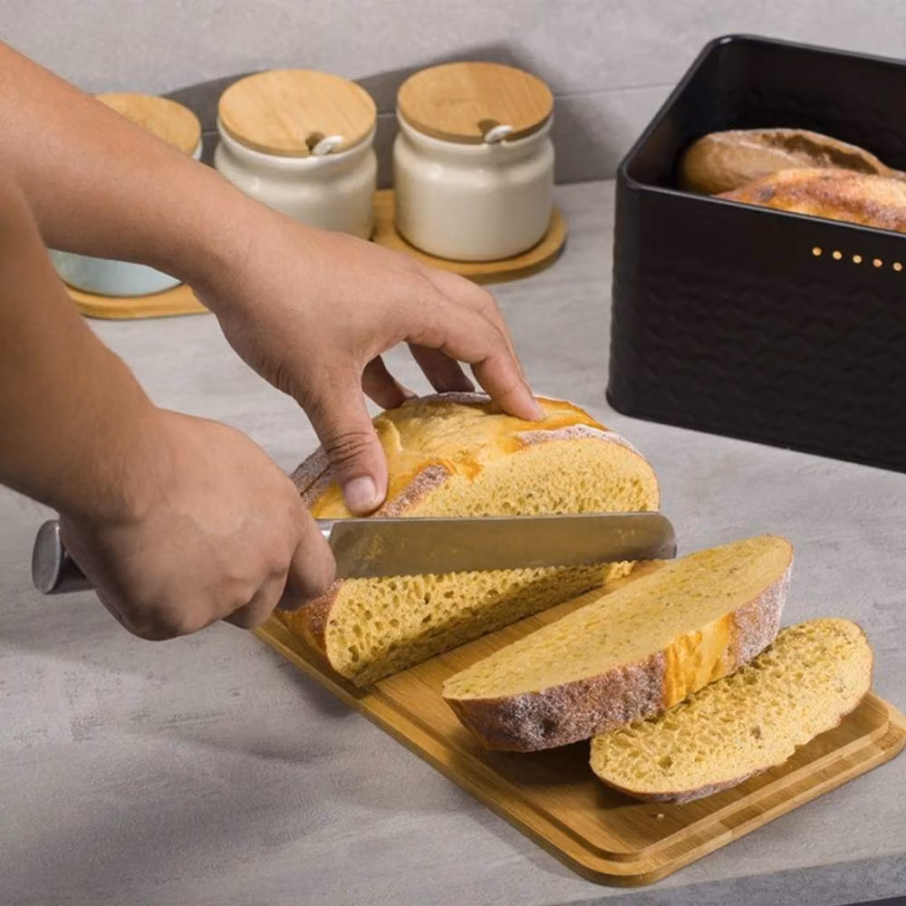 Kelvenix Black Embossed Metal Bread Bin with 2-in-1 Bamboo Lid Cutting Board – 5