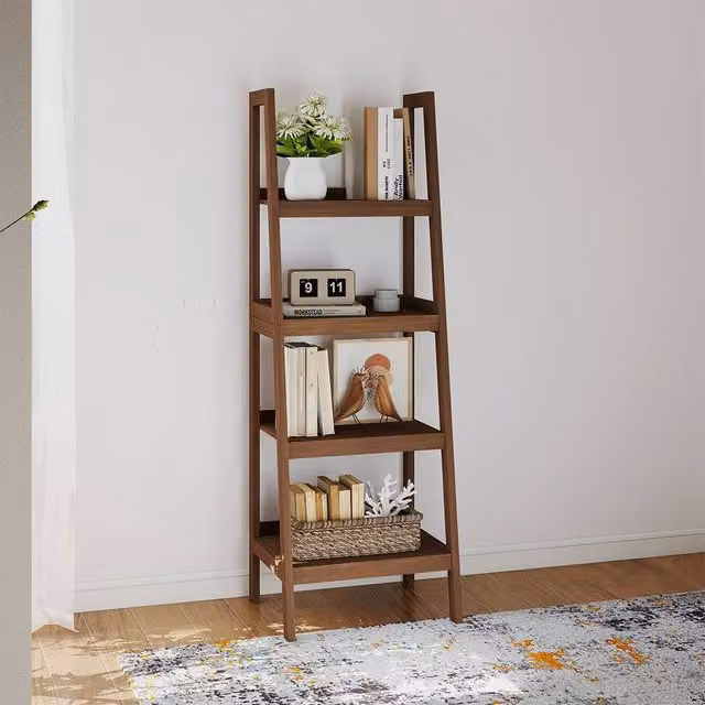 Melody Maison Mid-Century Style 4 Tier Wood Ladder Shelf in Natural Brown, Height: 178 cm