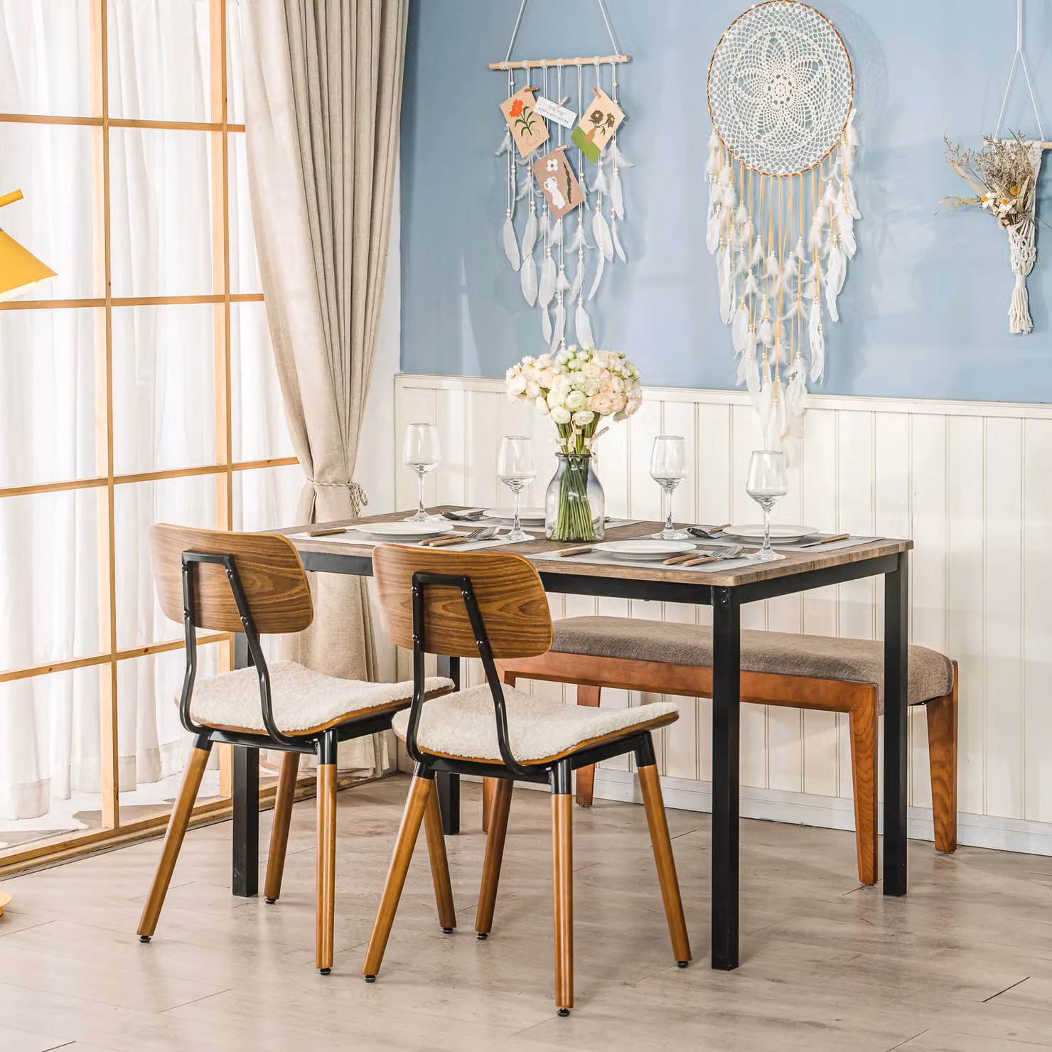 Nordlys Set of 2 Scandinavian Style Wooden Dining Chairs in White Bouclé Fabric and Brown Wood – 4