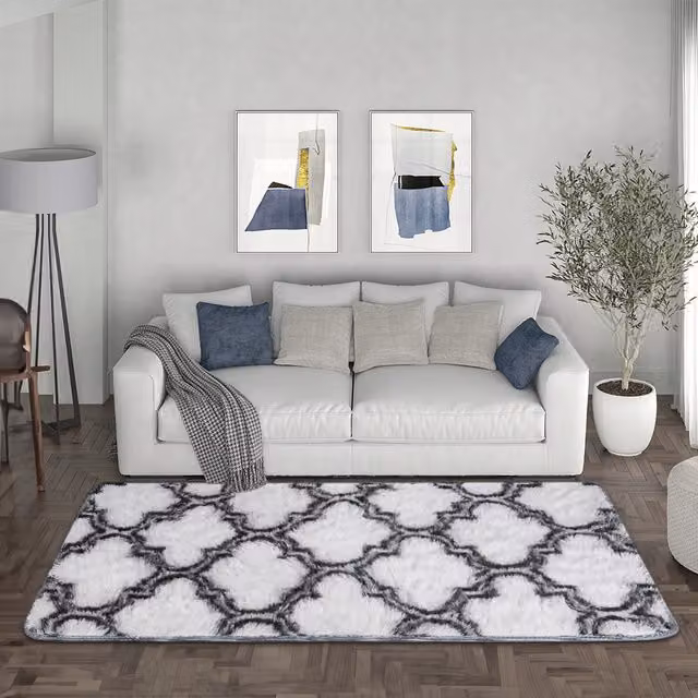 Livingandhome Geometric Modern Rectangular Shaggy Area Rug in Grey and White