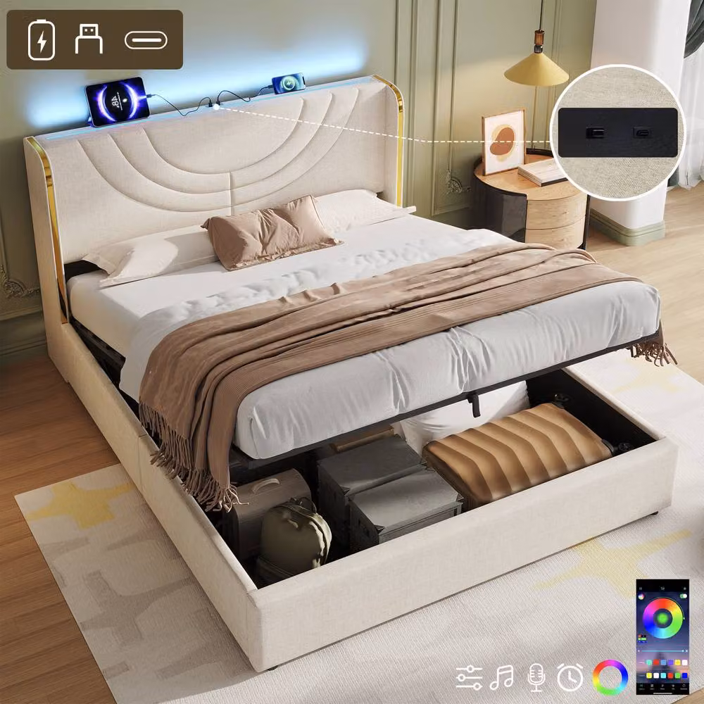 Merax Beige Upholstered Double Hydraulic Storage Bed with LED Lighting and USB Charging Station, W/D/H: 140 x 200 x 145 cm – 2