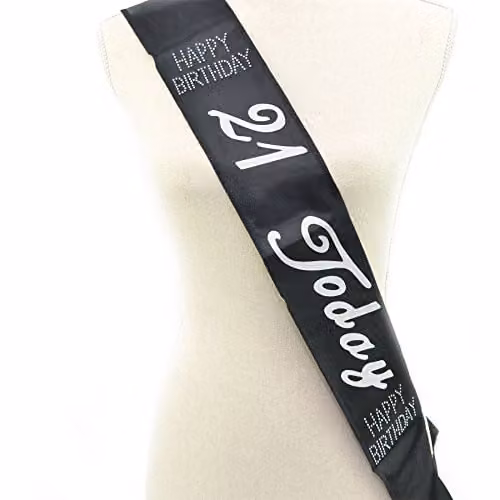 SHATCHI 21st Birthday Diamante Sash in Black and Silver for Adults