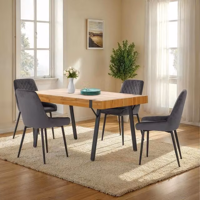 Seconique Treviso and Avery Dining Set with Light Oak Effect Rectangular Table and Grey Velvet Chairs